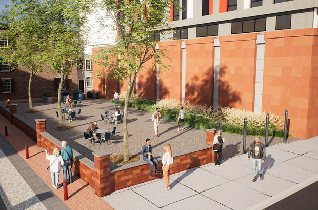A rendering of the park planned near Elfreth's Alley, it's paved and has some tables and trees 
