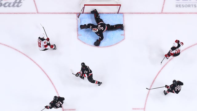 Arseny Gritsyuk #81 of the New Jersey Devils scores a goal on Alex Lyon #34 of the Buffalo Sabres during an NHL game on November 28, 2025 at KeyBank Center in Buffalo, New York. 