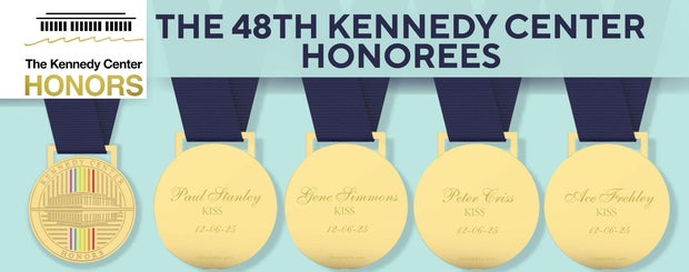 A graphic shows the new Kennedy Center Honors medallions for Kiss band members Paul Stanley, Gene Simmons, Peter Criss and the late Ace Frehley. 