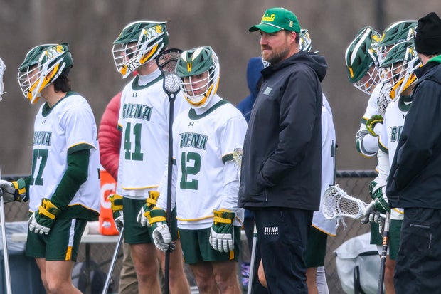 Siena College head coach Liam Gleason during a game against Mount St. Mary's on Saturday, March 29, 2025, at Hickey Field in Colonie, NY. 