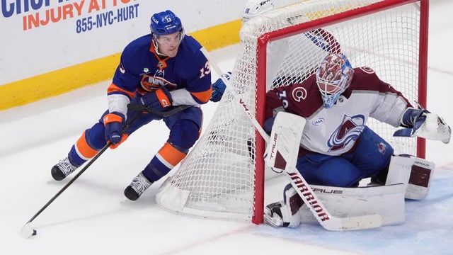 New York Islanders Center Mathew Barzal (13) skates with the puck during the third period of the National Hockey League game between the Colorado Avalanche and the New York Islanders on December 4, 2025, at UBS Arena in Elmont, NY. 