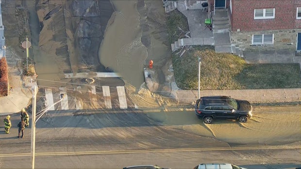 Water main break on Robbins Street in Philadelphia 