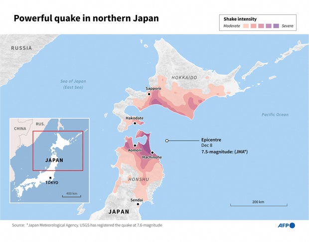 A map shows the location and shake intensity of a 7.5 magnitude quake in northern Japan on Dec. 8, 2025. 