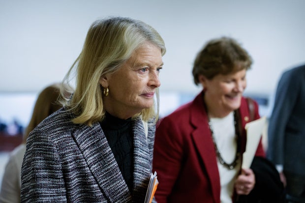 Sen. Lisa Murkowski, left, and Sen. Jeanne Shaheen in the Senate Subway of the U.S. Capitol in Washington, D.C., on Nov. 10, 2025.