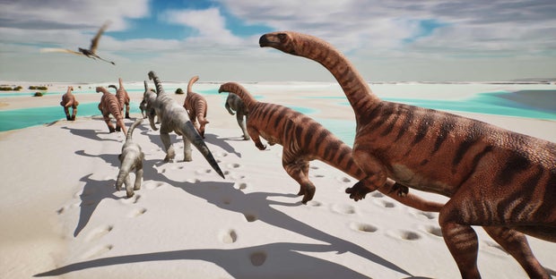 Paleoartistic reconstruction of what the environment might have looked like approximately 210 million years ago, as preserved in the rocks of the Fraele Valley (Stelvio National Park). Along the shore of the Tethys Ocean, a herd of prosauropod dinosaurs walks across an extensive muddy carbonate plain during low tide. The herd includes young individuals, as indicated by some smaller fossil footprints. Males and females are depicted here with different coloration.