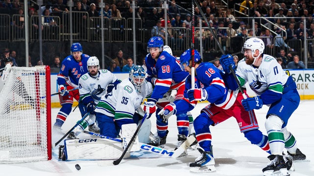 Thatcher Demko #35 of the Vancouver Canucks tends the net against the New York Rangers at Madison Square Garden on December 16, 2025 in New York City. 