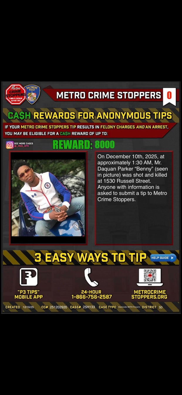 Reward offered for murder of Daquan "Benny" Parker in Baltimore