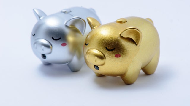 Gold and Silver Piggy Bank with White Background 
