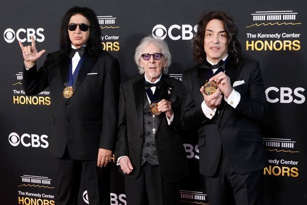 Gene Simmons, Peter Criss and Paul Stanley attend the Kennedy Center Honors on Dec. 7, 2025, in Washington. 