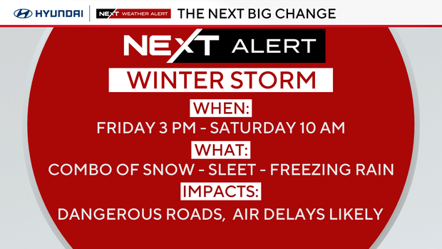 NEXT Weather Alert for a winter storm -- from Friday 3 p.m. to Saturday 10 a.m. -- combo of snow, sleet and freezing rain -- could cause dangerous roads, air delays