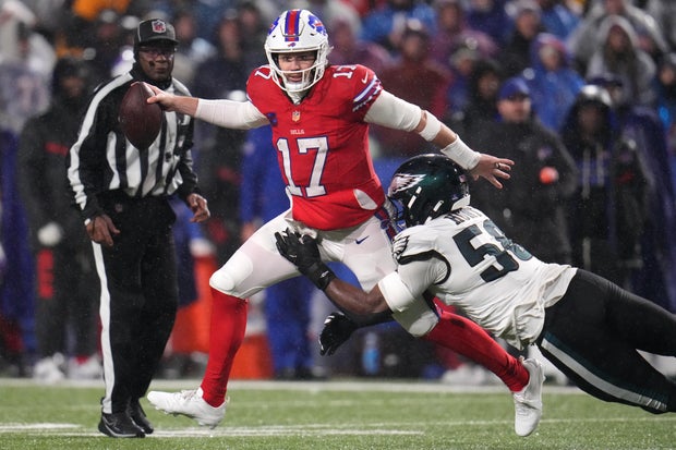 Philadelphia Eagles' Jalyx Hunt sacks Bills' Josh Allen during the second half of the game in Buffalo
