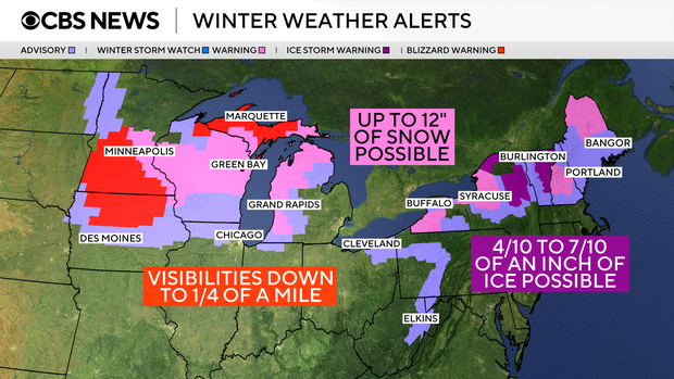 Map shows winter weather alerts for parts of the Upper Midwest and Northeast. 