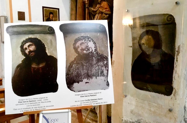 The deteriorated version of the "Ecce Homo" mural by 19th century painter Elias Garcia Martinez, center, is seen next to a copy of the original, left, in Borja, Spain, March 16, 2016. 