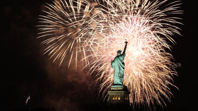 Fireworks lit up the sky behind the Statue of Liberty during the new year celebrations in New York City, United States on Sunday night, on January 01, 2024. 