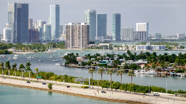 Miami Beach, Florida, MacArthur Causeway, Palm Island, and downtown skyline 