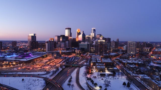 Minneapolis Skyline at Sunset - Aerial 