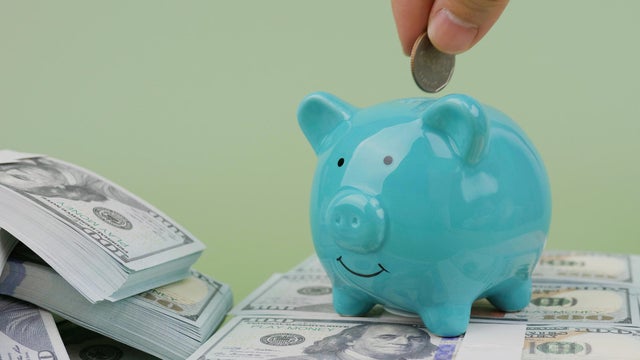 Saving coins in a piggy bank, income from working to earn money, generating income and investing in finance. 