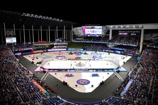 general view of game action during the third period of the 2026 Discover NHL Winter Classic game between the New York Rangers and the Florida Panthers at loanDepot park on January 02, 2026 in Miami, Florida. 