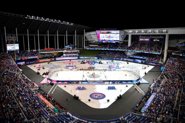 general view of game action during the third period of the 2026 Discover NHL Winter Classic game between the New York Rangers and the Florida Panthers at loanDepot park on January 02, 2026 in Miami, Florida. 