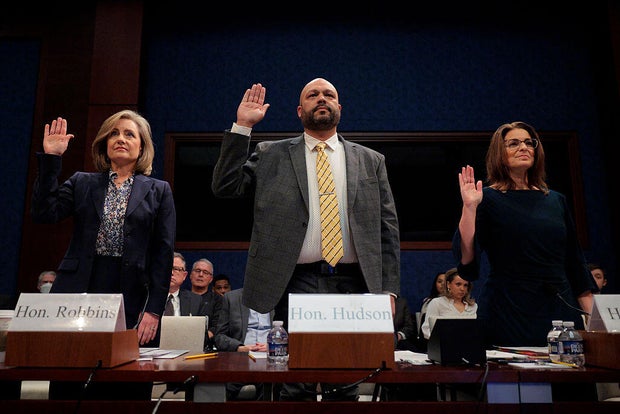 Minnesota Reps. Kristin Robbins, Walter Hudson and Marion Rarick are sworn in during a House Oversight and Government Reform Committee hearing at the U.S. Capitol in Washington, D.C., on Jan. 7, 2026. 