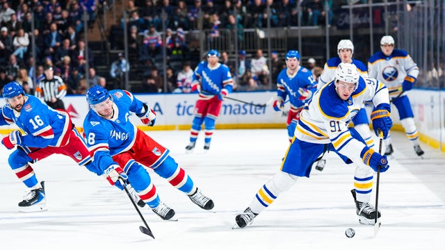 Josh Doan #91 of the Buffalo Sabres skates with the puck against the New York Rangers at Madison Square Garden on January 8, 2026 in New York City. 