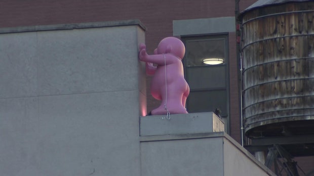 Mr. Pink sculpture on building 