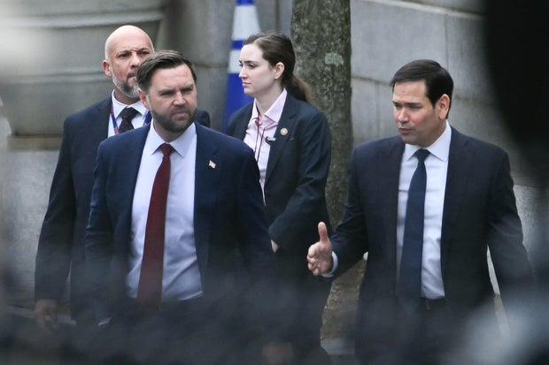 Vice President JD Vance and Secretary of State Marco Rubio leave the Eisenhower Executive Office Building on the White House campus after a meeting with Danish Foreign Minister Lars Lokke Rasmussen and Greenland Foreign Minister Vivian Motzfeldt on January 14, 2026. 