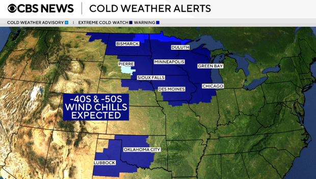 A map shows where cold weather alerts have been issued in the Midwest and the Plains. 