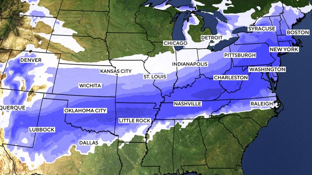 A map shows where a winter storm was forecast to cause snow and ice starting Jan. 24, 2026. 