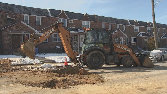 Construction equipment is seen outside of homes in Mount Airy 