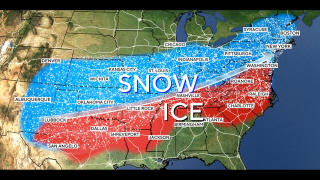 A map shows where a winter storm was forecast to cause snow and ice starting Jan. 24, 2026. 