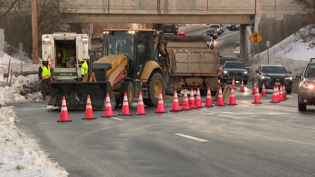Crews work on a Montvale street to repair a water main break 