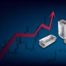 Metal price growth concept with isometric metal chunks and red up arrow on blue background. Candlestick charts up in background. 