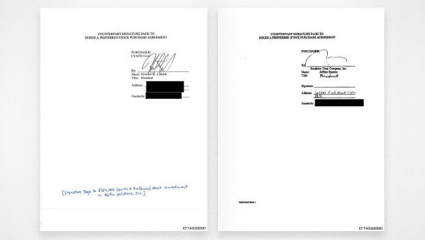 Howard Lutnick and Jeffrey Epstein's signatures on business documents 