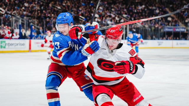 Will Borgen #17 of the New York Rangers skates against Andrei Svechnikov #37 of the Carolina Hurricanes at Madison Square Garden on February 5, 2026 in New York City. 