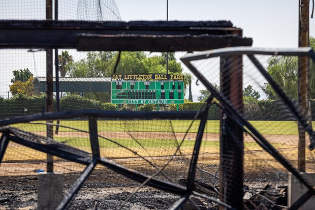 A beloved community baseball stadium used for scenes in the 1992 film "A League of Their Own" and other Hollywood movies was damaged in a fire late Thursday in Ontario, California. Flames tore through the wooden grandstand and other parts of historic Jay 