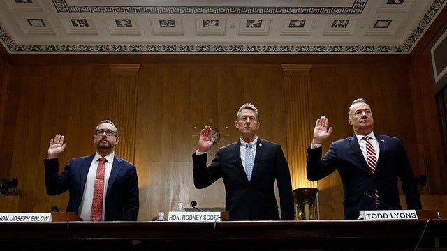 USCIS Director Joseph Edlow, CBP Commissioner Rodney Scott, and Acting ICE Director Todd Lyons are sworn in before a Senate Homeland Security and Governmental Affairs Committee hearing in Washington, D.C., on Feb. 12, 2026. 