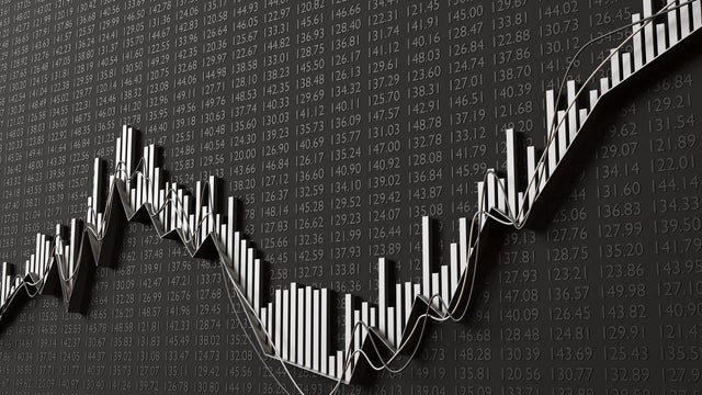 Silver line graph, bar chart and analytical trend lines on black background having stock quotes. Illustration of the concept of investment 