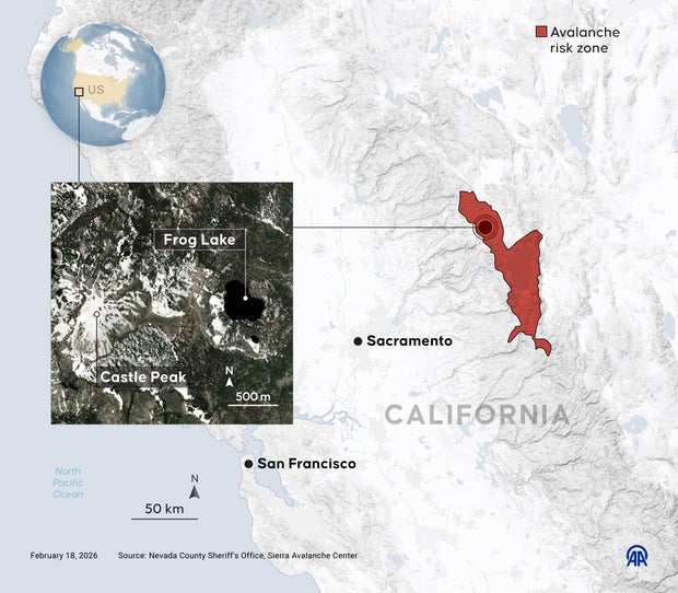 Map of area where avalanche trapped skiers near Lake Tahoe in California 
