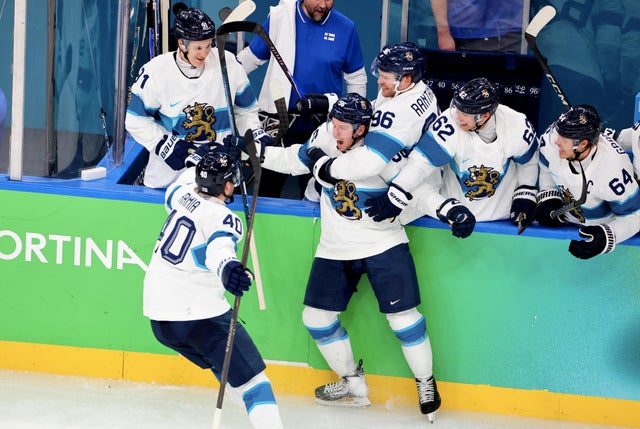 Erik Haula celebrates his goal during the Finland-Canada men's semifinal match