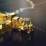 Golden Forklift Operating Among Stacks of Gold Bars on Market Graph Background 