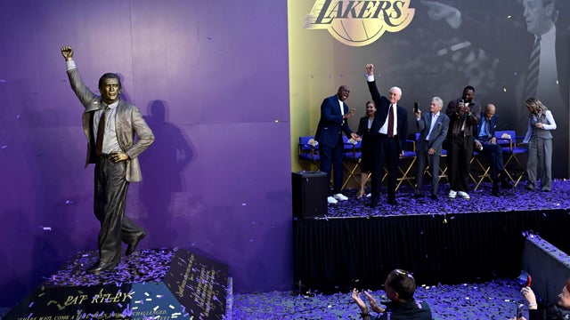 Former Lakers coach Pat Riley statue unveiling in Star Plaza in front of Crypto.com Arena in Los Angeles. 