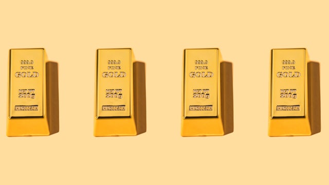 Pattern of 200-gram gold bars of 9.999 fineness, in a row, on a yellow background. Wealth, reserve, safe haven, inflation, GDP, finance, investment, monetary, rich and economy. 