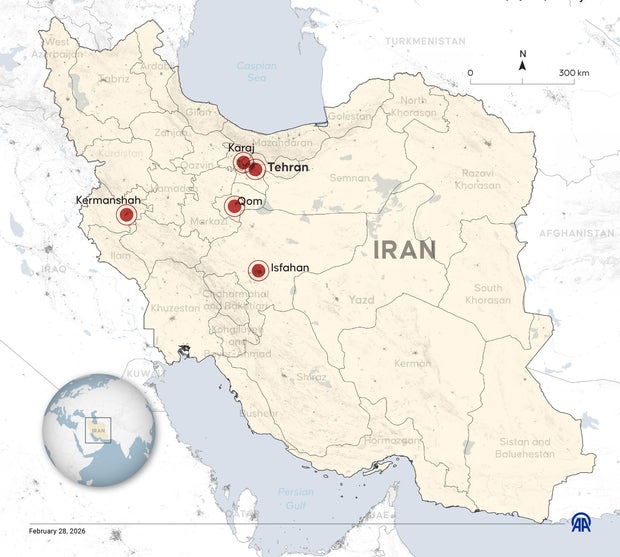 Map of Iran including Tehran and other cities hit by military strikes 
