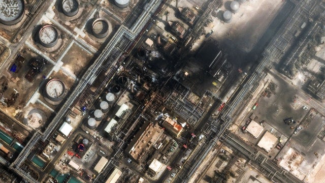 A satellite image shows fire in the Ras Tanura oil refinery in Saudi Arabia after a drone attack 