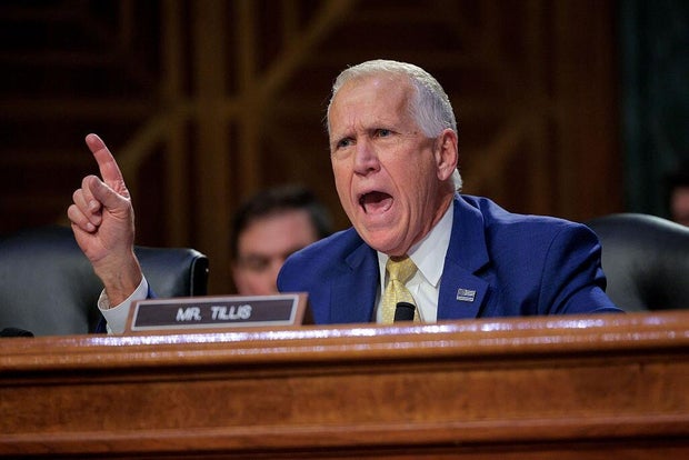 Sen. Thom Tillis speaks as Homeland Security Secretary Kristi Noem testifies before the Senate Judiciary Committee in Washington, D.C., on March 3, 2026. 