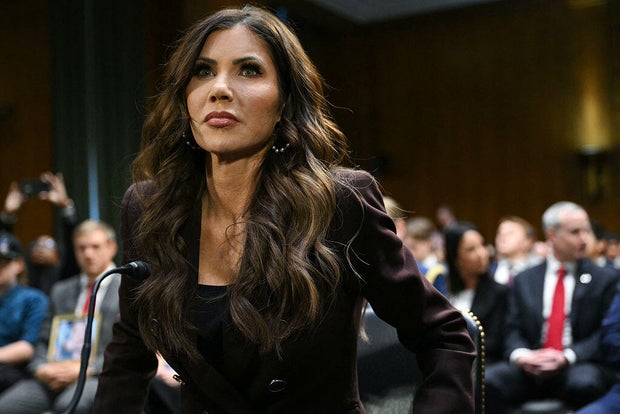 Homeland Security Secretary Kristi Noem takes her seat to testify at a Senate Judiciary Committee hearing on oversight of the Department of Homeland Security in Washington, D.C., on March 3, 2026.