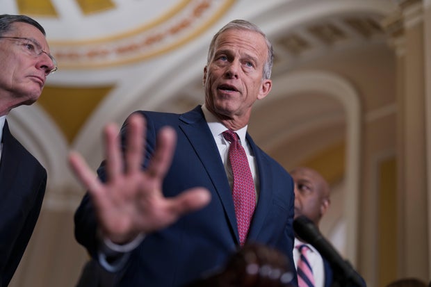 Senate Majority Leader John Thune speaks to reporters at the Capitol in Washington, D.C. on March 3, 2026. 