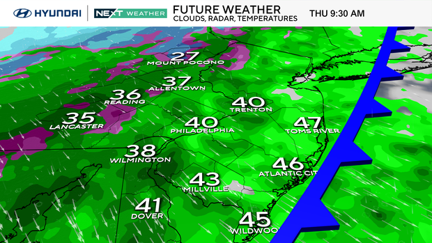 Weather map showing temperatures in the 40s Thursday at 9:30 a.m. 
