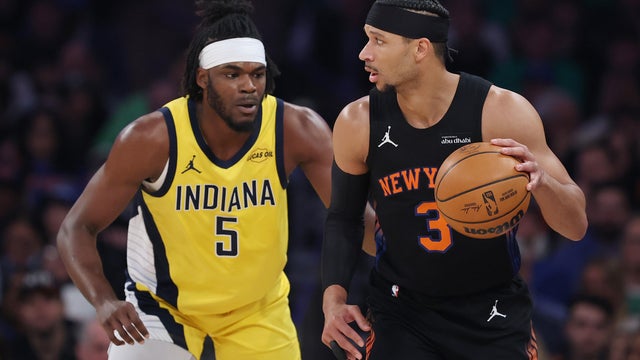 Guard Josh Hart #3 of the New York Knicks dribbles against forward Jarace Walker #5 of the Indiana Pacers during the first half at Madison Square Garden on March 17, 2026 in New York City. 